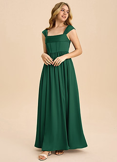 Azazie Hattie Junior Abito A-Line in Raso Elasticizzato Plissettato Verde Scuro image1