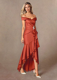 Azazie Billings Mother of the Bride Dresses Rust Mermaid Off the Shoulder Stretch Satin Dress image6