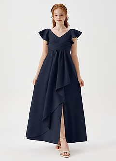 Azazie Omari Junior Dark Navy A-Line Pleated Stretch Crepe Dress image4