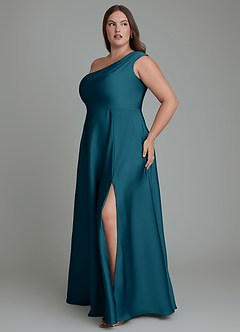 Azazie Melanie Bridesmaid Dresses Ink Blue A-Line Off the Shoulder Stretch Satin Dress image11