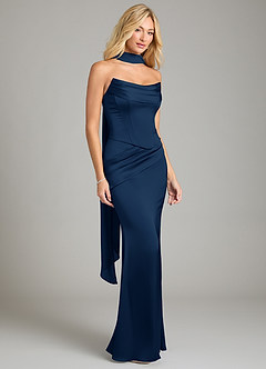 Azazie Sorrel Vestidos de damas de honor Vestido de Azul Marino Oscuro de Satén Elástico de Corte Sirena Convertible con Sin tirantes image8