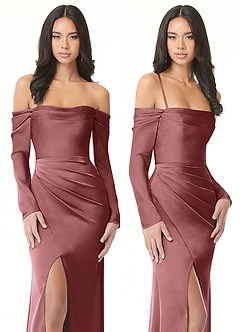 Azazie Hallie Vestidos de damas de honor Vestido de Amatista de Satén Elástico de Corte Recto Convertible con Manga larga con hombros descubiertos image9