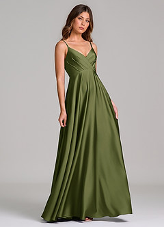 Azazie Amani Bridesmaid Dresses Olive A-Line Pleated Stretch Satin Dress image1