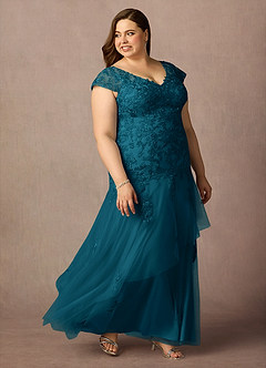 Azazie Romy Mother of the Bride Dresses Ink Blue Mermaid V-Neck Sequins Tulle Dress image10