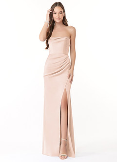 Azazie Leonis Bridesmaid Dresses Blushing Pink Mermaid Pleated Stretch Satin Convertible Dress image2