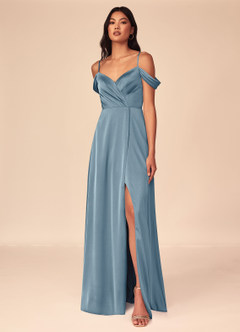 Azazie Ocean Bridesmaid Dresses Dusty Blue A-Line V-Neck Pleated Stretch Satin Dress image8