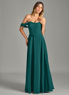 Azazie Chelsey Abiti da Damigella Abito Convertibile A-Line in Chiffon a Spalla Scoperta Verde Pavone image4