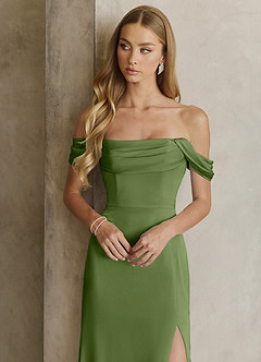 Azazie Saige Bridesmaid Dresses Juniper Sheath Off the Shoulder Stretch Satin Dress image2