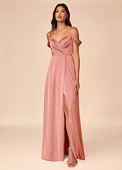 Azazie Ocean Robes de demoiselle d'honneur Robe Trapèze en Satin extensible Col V plissé Corail image1