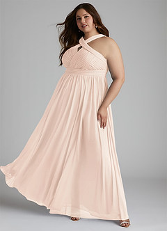 Azazie Hillian Bridesmaid Dresses Blushing Pink A-Line Halter Pleated Mesh Dress image11