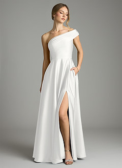 Azazie Melanie Rochii de domnișoară de onoare Linie A De pe umăr Satin elastic Lungime până la podea Rochie image1