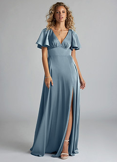 Azazie Kimber Robes de demoiselle d'honneur Robe Trapèze en Satin extensible Rayé Bleu Poussiéreux image9