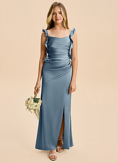Azazie Jessamine Junior Dusty Blue A-Line Ruched Stretch Satin Dress image1