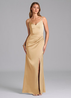 Azazie Leo Bridesmaid Dresses Gold Sheath Pleated Stretch Satin Dress image1