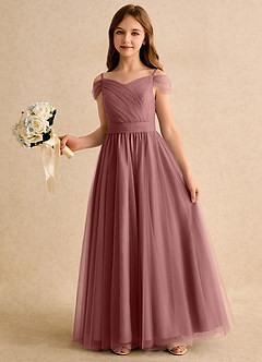 Azazie Yuna Girls Formal Abiti da Ragazza di Fiori Abito A-Line in Tulle a Spalla Scoperta Rosa Del Deserto image5