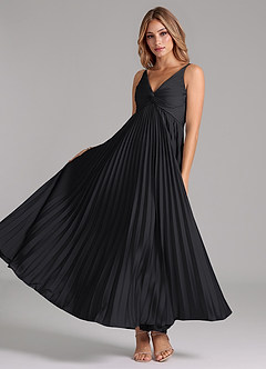 Azazie Raychelle At-home Try On Dresses Black A-Line Pleated Stretch Satin Dress image2