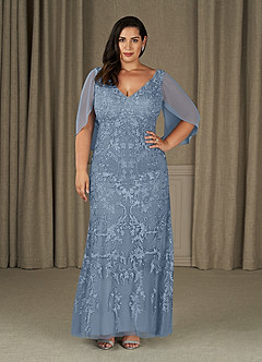 Azazie Ferris Mère de la mariée Robes Robe Fourreau en Mousseline de soie Col V Bleu Poussiéreux image6