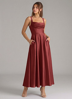 Azazie Shaude Bridesmaid Dresses Terracotta A-Line Pleated Stretch Satin Dress image3