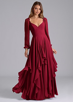 Azazie Karan Bridesmaid Dresses Burgundy A-Line Long Sleeve Chiffon Dress image1