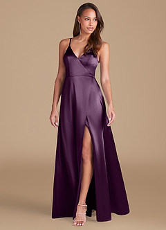 Azazie Maksim Bridesmaid Dresses Plum A-Line Metallic Satin Dress image4