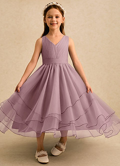 Azazie Seraphina vestidos de niña de las flores Vestido de Rosa Polvorienta de Tul de Corte en A con Plisado image4