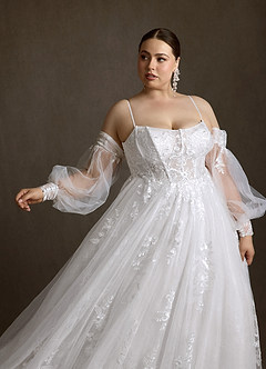 Azazie Elowyn Vestidos de novia Vestido Diamante Blanco de Encaje de Corte Princesa con Palabra de honor image5