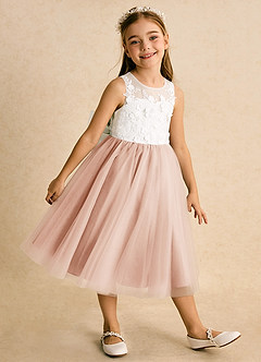 Azazie Lina Jurken voor bloemenmeisjes Baljurk Jurk van Kant Ivoor Engelse Roos image4