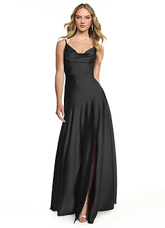 Azazie Kayla Bridesmaid Dresses Black Sheath Side Slit Stretch Satin Dress image1