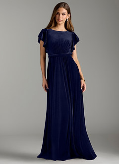Azazie Daphne At-home Try On Dresses A-Line Velvet Floor-Length Dress with Belt image3