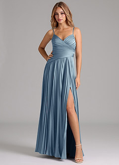 Azazie Vini Kleider zum Anprobieren zu Hause A-Linie Plissee Stretch-Satin Kleid Staubblau image3