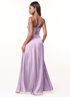 Azazie Maksim Bridesmaid Dresses Frosted Lilac A-Line V-Neck Stretch Satin Dress image2