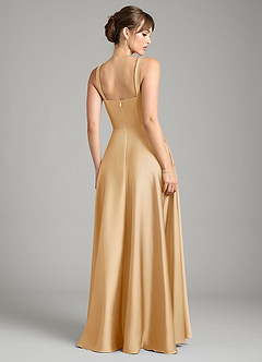 Azazie Shaude Vestidos de damas de honor Vestido de Oro de Satén Elástico de Corte en A con Plisado image8