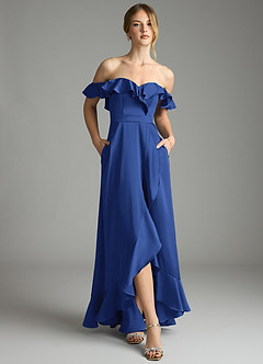 Azazie Lyra Bridesmaid Dresses Royal Blue A-Line Off the Shoulder Stretch Satin Convertible Dress image6