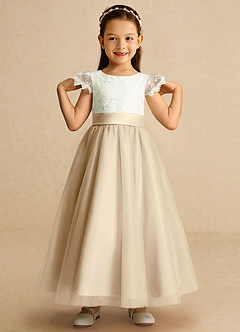 Azazie Pookie Flower Girl Dresses Champagne A-Line Lace Tulle Dress image3