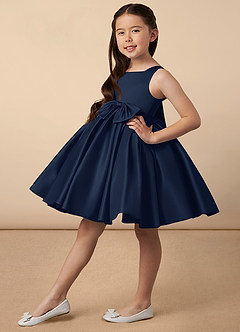 Azazie Bo Peep Flower Girl Dresses Dark Navy A-Line Bow Matte Satin Dress image2