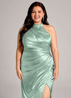 Azazie Jemma Bridesmaid Dresses Agave Sheath Pleated Metallic Satin Dress image12