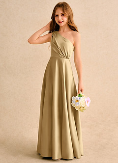 Azazie Puddles Girls Formal Blumenmädchenkleider A-Linie One-Shoulder Matte Satin Kleid Gold image6
