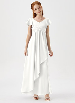 Azazie Omari Junior White A-Line Pleated Stretch Satin Dress image3