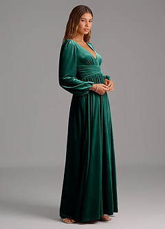 Azazie Norah Bridesmaid Dresses Emerald A-Line Long Sleeve Velvet Dress image4