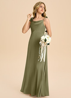 Azazie Gumdrop Junior Dusty Sage Empire Pleated Stretch Satin Dress image4