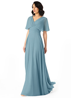 Azazie Pamela Jurken voor bruidsmeisjes Jurk van Chiffon met A-Lijn V-hals geplooid Mystiek Blauw image3