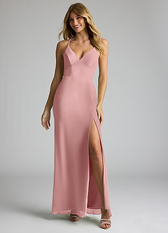 Azazie Becca Vestidos de damas de honor Vestido de Rosa Polvorienta de Gasa de Corte Recto con Cuello en V image3