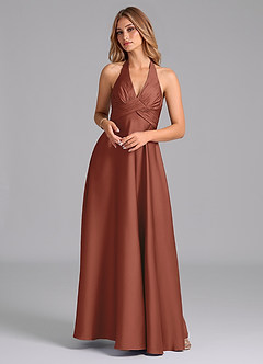 Azazie Tessie Bridesmaid Dresses Auburn A-Line Pleated Stretch Satin Dress image1