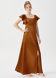 Azazie Bondi Junior Copper A-Line Side Slit Metallic Satin Dress image3