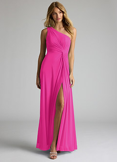 Azazie Brooke Vestidos de damas de honor Vestido de Fucsia de Malla de Corte En A con Hombro unilateral image4
