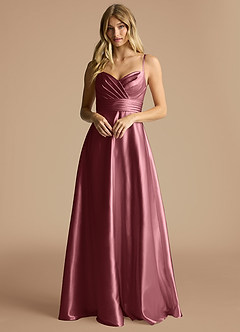 Azazie Oliana Bridesmaid Dresses Desert Rose A-Line Pleated Metallic Satin Dress image1