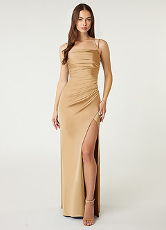 Azazie Desi Robes de demoiselle d'honneur Robe Fourreau en Satin extensible Corset dos nu Or image1