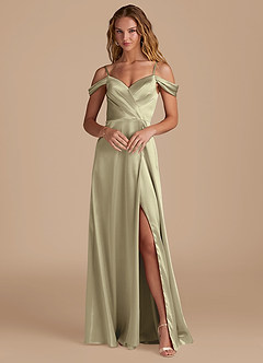 Azazie Ocean Robes de demoiselle d'honneur Robe Trapèze en Satiné métallisé Épaule décolletée Vert Mousse image1