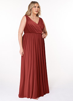 Azazie Tanicia Brautjungfernkleider A-Linie V-Hals Gefaltet Gittergewebe Kleid Rost image8