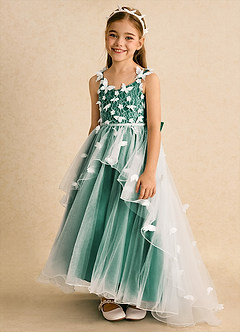 Azazie Darlina Flower Girl Dresses Ivory Emerald Ball-Gown Lace Tulle Dress image6